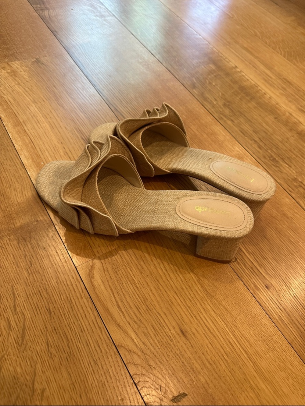 Larroude Tan Ruffle Slide Mules